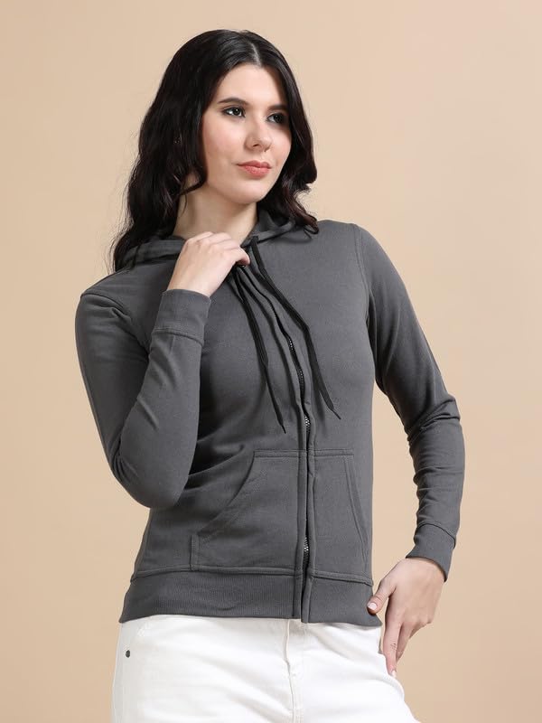 Image of Wafaa Women's Cotton Plain Hooded Neck Full Zipper Sweatshirt Hoodies with Kangaroo Pocket