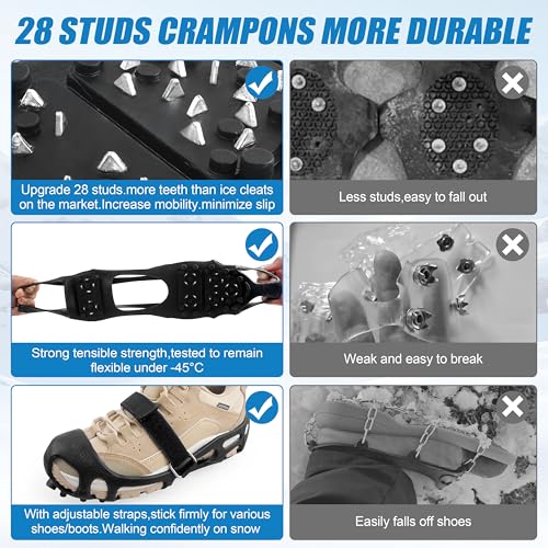 Ice Cleats Snow Walk Traction Cleats Crampon for Walking on Snow and Ice Upgrade 28 Studs Non-Slip Overshoe Rubber Anti Slip Crampons Slip-on Stretch Footwear