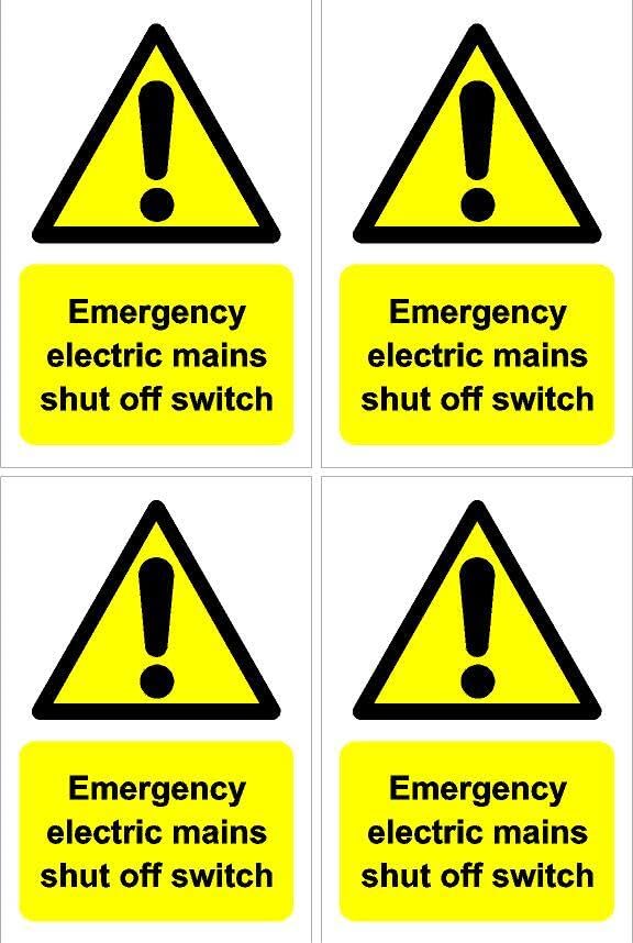 Emergency electric mains shut off switch sign, 100x150mm, pack of 4 stickers on A4 sheet