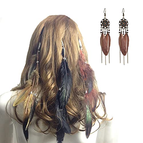 Feather Headband Hippie, 4Pcs Hippie Boho Tribal Feather Headpiece Headbands and Feather Earring Indian Boho Hair Hoop Tassel Bohemian Headdress Headwear Headpiece with Earrings
