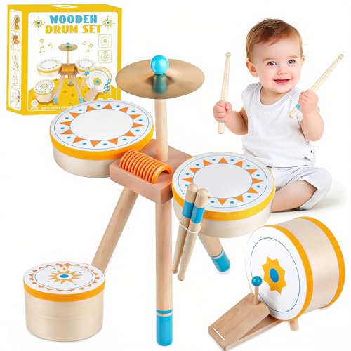 Image of Toddlers Drum Set Toy for 1 2 3 Years Old ,Kids Wooden Jazz Drum for Toddlers Montessori Musical Instruments for Boy Girl, Percussion Set Baby Musical Toys, Birthday Gift for 1 2 3+ Kids Baby