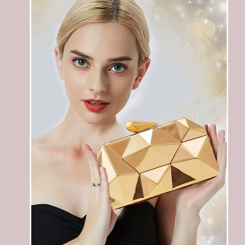 Women Lattice Pattern Metal Evening Clutch Bag,Geometric Evening Clutch Purse Handbag With Chain Strap - Image 7