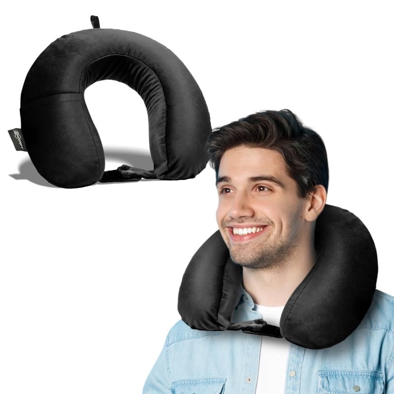 Image of Neodrift TravelNeck - Travel Neck Pillow with Memory Foam Head Support for Airplane, Car, Train, Bus, and Home Use - Ultimate Comfort Velvet Cushion Travel Pillow (Color: Black)