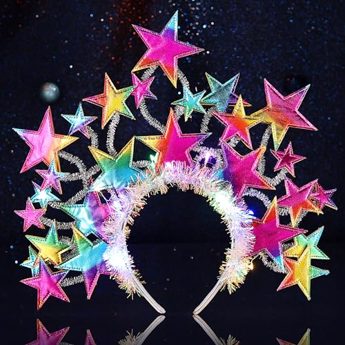 Fashband Light Up Star Headband Glitter Stars Tiara Halo Crown Headbands Led Goddess Costume Headpiece Christmas Carnival Party Hair Accessories for Women and Girls (Color)