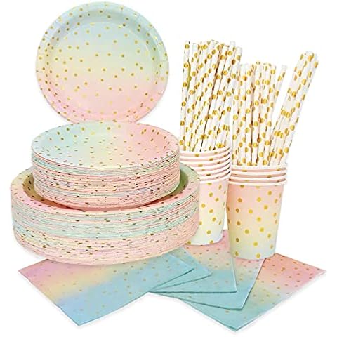 GothicBride 125 Pieces Rainbow Party Tableware, Pastel Party Supplies Paper Tableware for Birthday, Baby Shower, Wedding, Party Cover