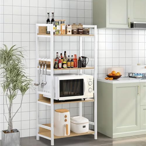 Everline Multipurpose Wooden and Metal 4-Layer Shelf for Kitchen Storage, OTG Stand, Microwave Rack, Oven, Air Fryer Cabinet for Home Pantry Unit, and Iron Organizer (White)