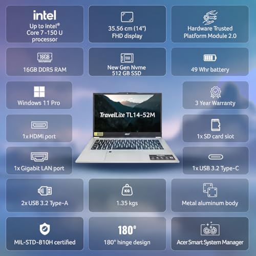Image of Acer Professional14 Laptop 14th Gen Core 7-150U 16GB DDR5 512GB Win11 Pro | New Launch, MSO 2021, Fingerprint Reader, Backlit Keyboard, 3 Year Warranty, Full Hd Display, Business Laptop