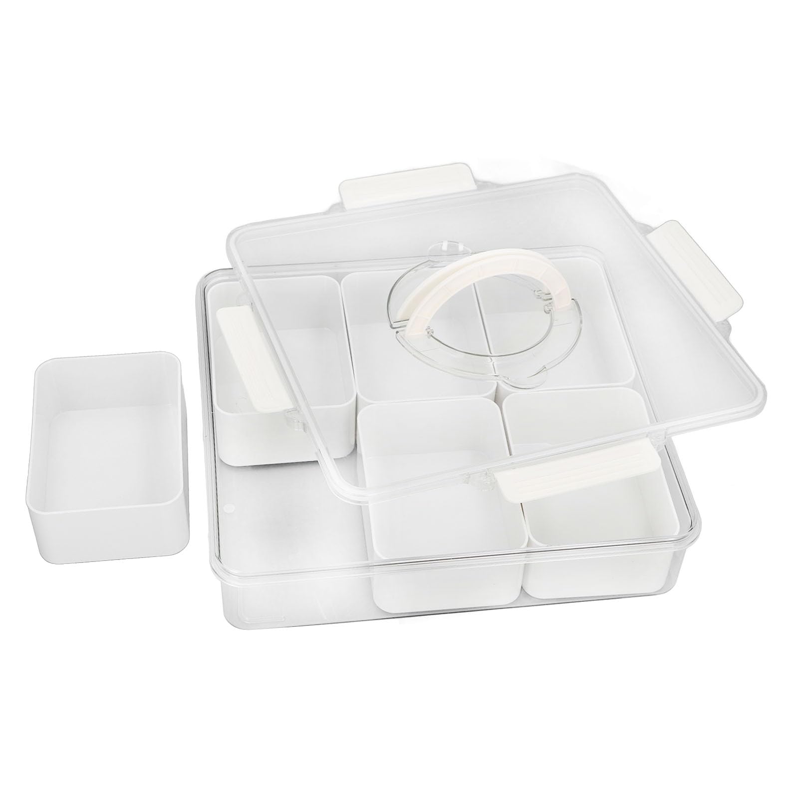 Caja Organizadora de Snackles Portátil para Cocina con 6 Rejillas y Tapa Sellada Ideal para Almacenar Frutas y Dulces 34x32x7.5cm (Blanco)