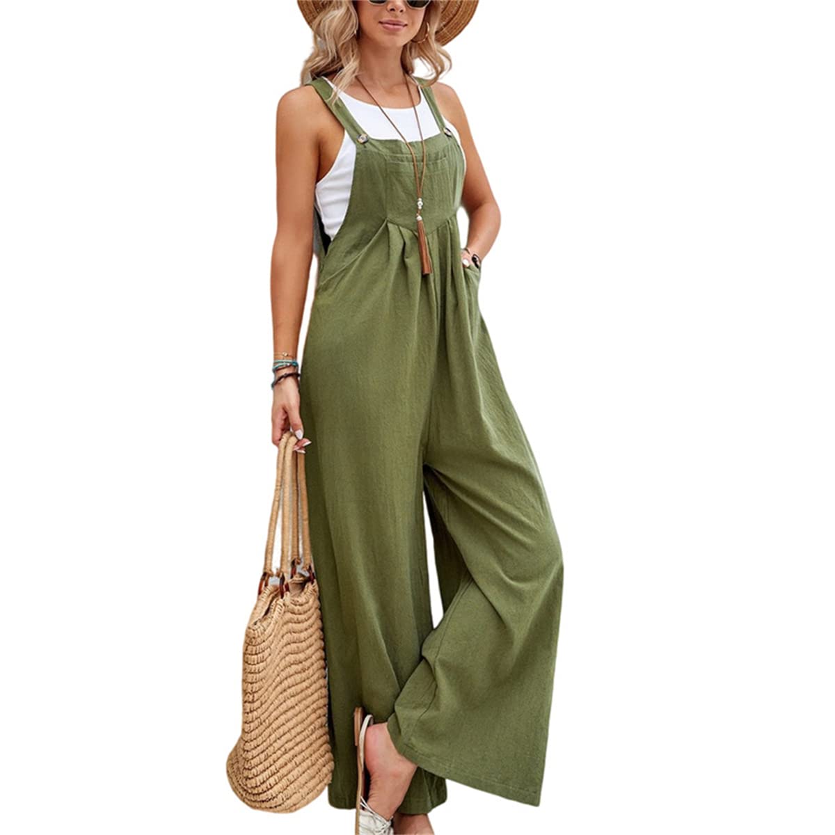 FQFGGYD Overalls for Women Summer Cotton Bib Jumpsuits Wide Leg Palazzo Pants Casual Baggy Jumpsuit Loose Fit Rompers
