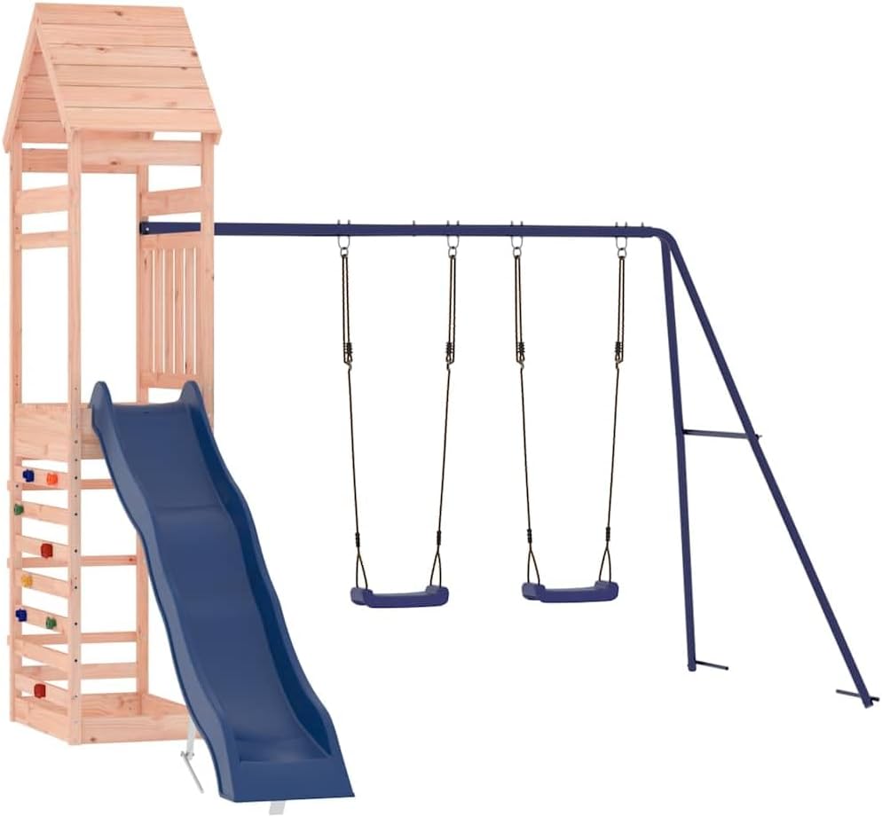 Large Outdoor Wooden Playset for Backyard, Play Tower with Wavy Slide, Double Swing Set, Climbing Wall and Sandpit, Solid Douglas Fir Construction for Kids Ages 3-8
