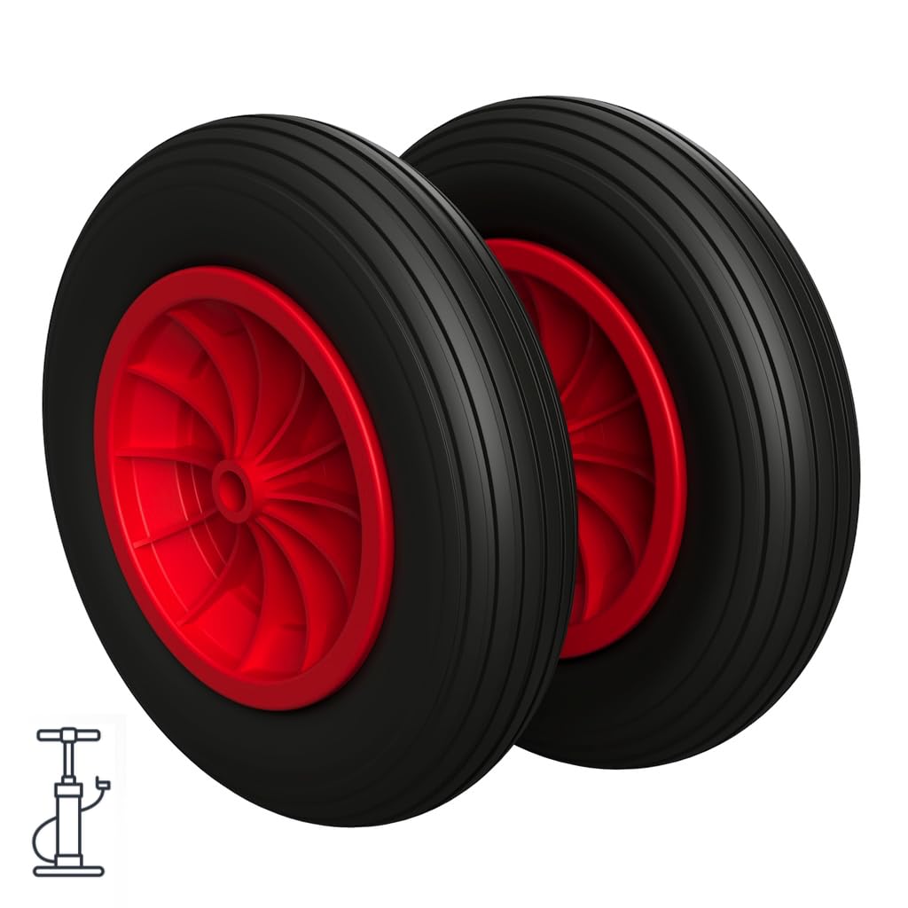 2 x Luftrad Ø 370 mm 3.50-8 Gleitlager Schubkarrenrad Reifen, schwarz/rot