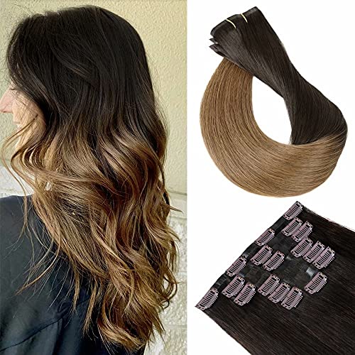 Maxfull Seamless Clip In Hair Extensions Real Human Hair Brown Ombre, Ultra-Invisible Remy Hair Extensions Clip In Human Hairm 7Pcs, 20Inch, 110g