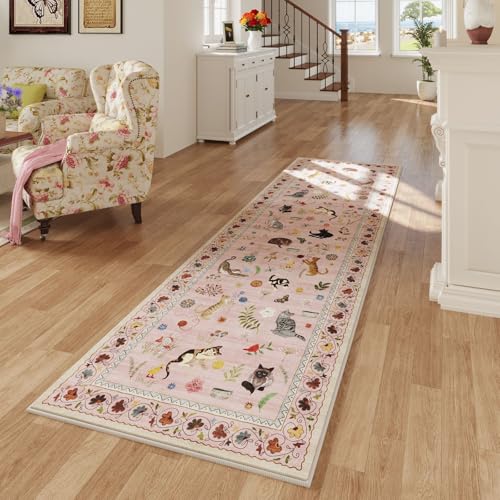 Runner Rug for Kitchen Non Slip 2'6''x8' Washable Rugs with Rubber Backing Soft Floral Animal Cat Carpet Runner for Kitchen Laundry Bedroom Bathroom, Pink