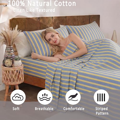 Image of Merryword Blue & Yellow Striped Sheet Set Queen Size, 100% Cotton Fitted Sheet Set with Deep Pockets, Crisp Cool Feeling, Ribbon Stripes Design, 4-Piece All Season Bedding