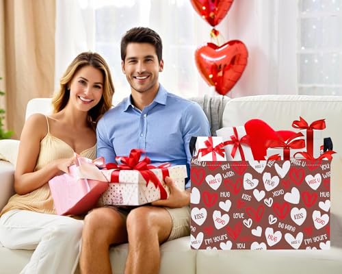 Image of Large Valentine's Day Basket Heart Shaped Storage Bin for Gifts Collapsible Organizer Room Decor (Brown Bottom White Red Love)