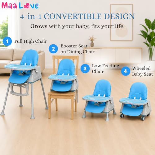 Image of Maa Love 4-in-1 Baby High Chair for 0-5 Years, Adjustable Height Feeding Chair with Detachable Tray, One-Hand Fold, Multifunctional High Chair (Blue)