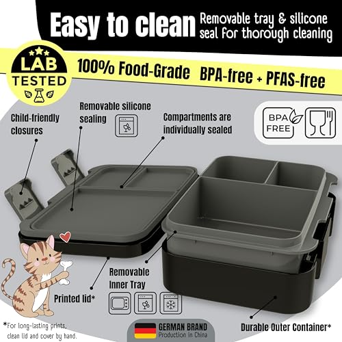 Image of BEARFOOT Kids Lunch Box with Compartments - Compact & Lightweight | Leak-Proof, BPA-Free, Dishwasher Safe | Hand-Drawn Design for Preschool, School, Travel (Dinos Black, 2.75 Cups)