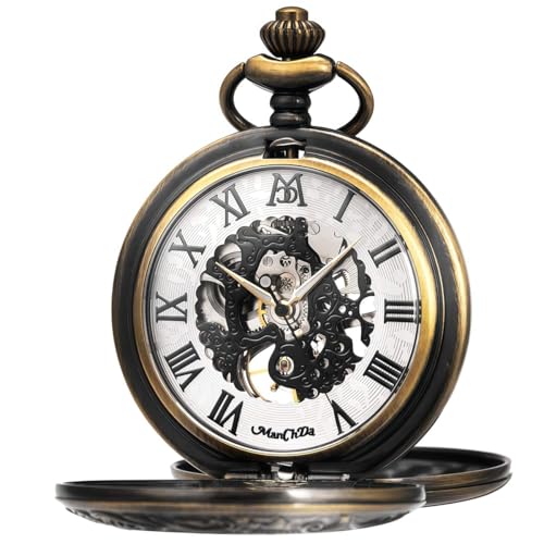Image of ManChDa Mechanical Roman Numerals Dial Skeleton Pocket Watches with Box and Chains for Mens Women
