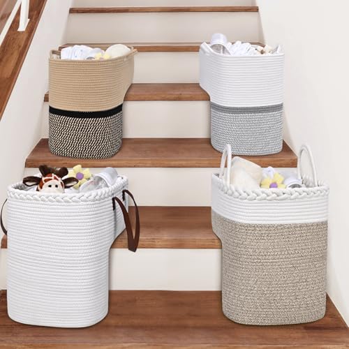Image of Woven Stair Basket, Stair Baskets for Wooden Stairs, Carpeted Stairs Storage Basket with Handles, Staircase Baskets for Toys, Books, Gray, 15 inch L x 10 inch W x 15 inch H