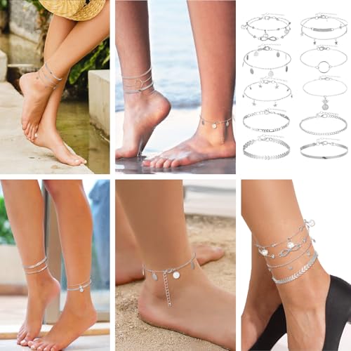 Image of 12pcs Gold /Silver Ankle Bracelets for Women Layered Waterproof 14k Cuban Link Chain Anklets Set Adjustable Dainty Summer Beach Gold Accessories Boho Bracelet Jewelry