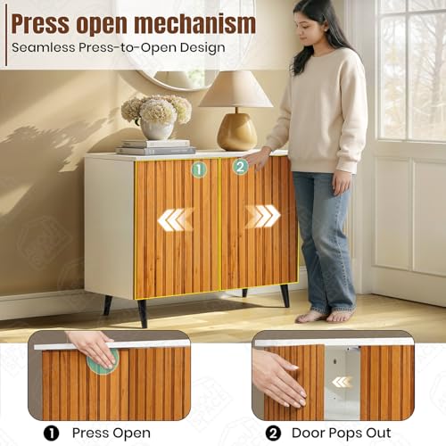 Image of ABOUT SPACE 3 Tier Shoe Rack with Door | Press Open 2 Door Engineered Wood Shoe Stand for Home | Smooth Non-Fluted-Effect Adjustable Shelf Raised Legs 9-12 Pair Shoes Storage Cabinet |White & Teak