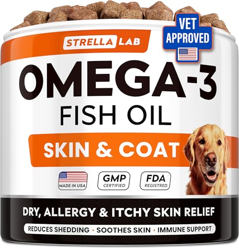 STRELLALAB Omega 3 for Dogs - (180Ct) Fish Oil Treats - Allergy & Itch Relief Skin & Coat Supplement - Dry Itchy Skin, Anti Shedding & Hot Spots Treatment - Pet Salmon Oil Chews - Chicken Flavor