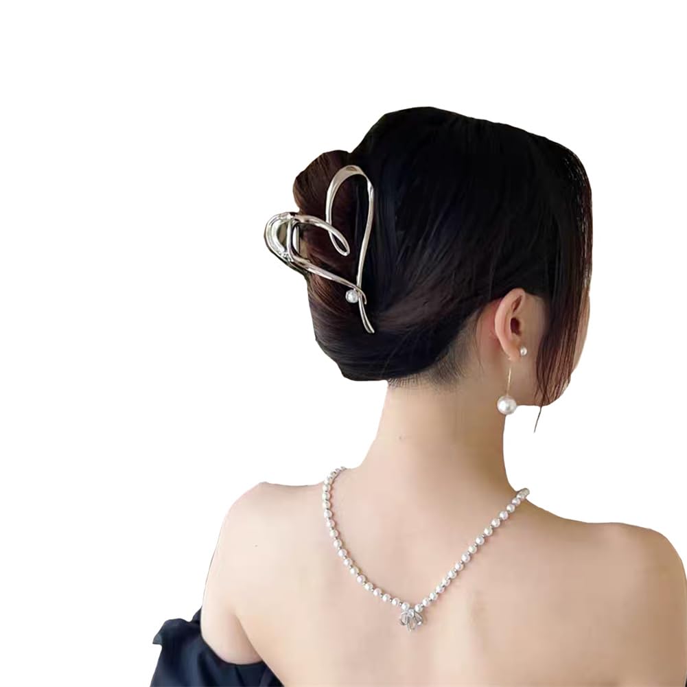 Yangzerang Pearl Heart Hair Claws - Silver Tone Metal Heart Love Hair Clips with Strong Hold for Women & Girls