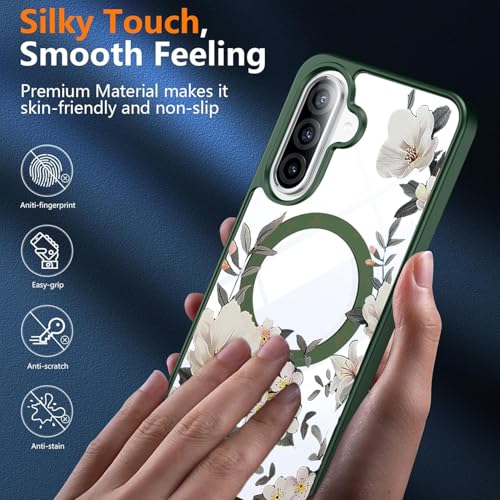Image of VONZEE Compatible with Samsung Galaxy A37 5G Case Luxury Retro Flowers Floral Clear for Magnetic Wireless Charging Case Shockproof PC+TPU Cute Glossy Shiny Cover for Girls Women, Green