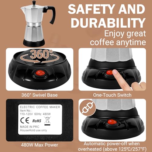 Image of Silver Aluminum Electric Moka Pot, 3 or 6 Cups Espresso Maker with Dose Reduction Plate