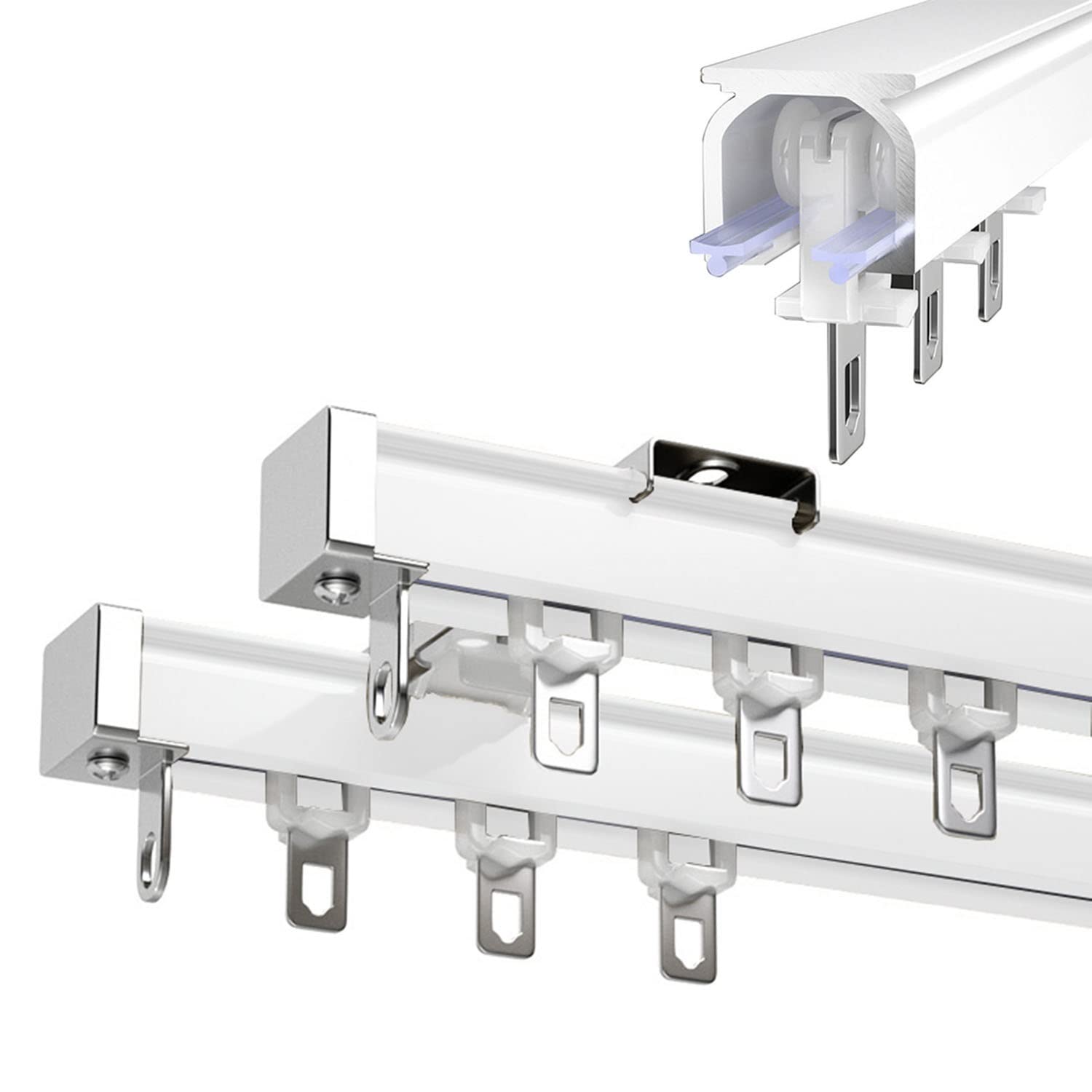 IkErna Curtain Double Tracks, 4.6-12.5Ft Thicken Curtain Rods for Windows, Ceiling/Wall Mounting Heavy-Duty Curtain Tracks/White/3.4M