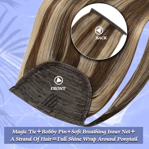 Image of Full Shine Real Hair Ponytail Extension, Medium Brown Highlight Daily Style