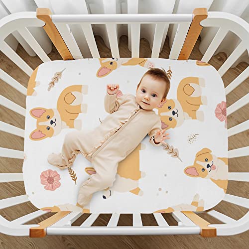 Image of Kawaii Welsh Corgi Dog Crib Sheets Soft Breathable Fitted Baby Crib Sheets Mattress Cover for Girl Boys, 52 inch x 28 inch x 9 inch