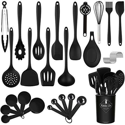 FUKTSYSM Kitchen Cooking Utensils Set - 35pcs Silicone Cooking Utensils Set, Silicone Kitchen Utensils, Cooking Tools Turner Tongs Nonstick Spatula Spoon for Nonstick Heat Resistant Cookware (Black)