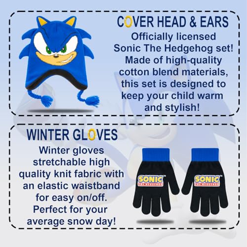 Image of Sonic The Hedgehog Winter Hat and Gloves Set - Blue Sonic Hat for Boys Ages 5-13 - Winter Hat with Scarf and Glove Set