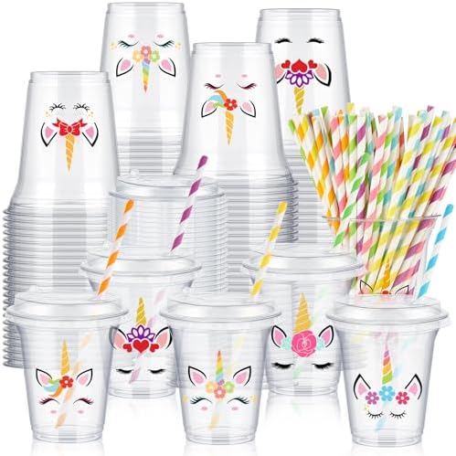 Boao 36 Sets Unicorn Party Cups with Lids and Paper Straws 14 oz ...