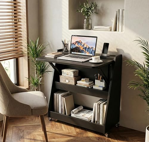 Image of Klaxon Foldable Study Table with Drawer & Storage Shelf | Compact Desk for Home & Students | Folding Design with Lockable Wheels. (Black, DIY Installation) (Black- New, Mylo)