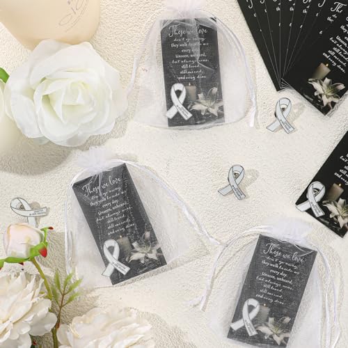 Image of Unittype 60 Set Funeral Ribbon Pins Awareness Lapel Pin | Memorial Pins Remembrance Ribbon Brooch with Prayer Cards Organza Bags for Women Men