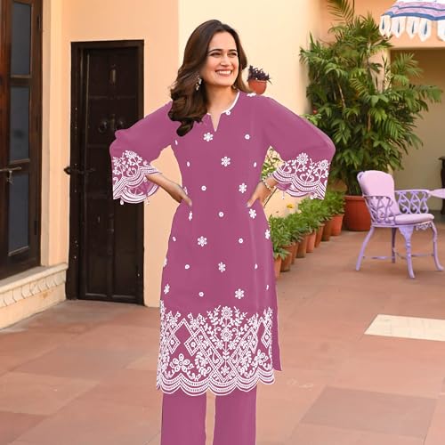 Image of BHARVITA Women's Cotton Lucknowi Embroidered Chikankari Work Straight Kurta with Pant Set for Every Occasion