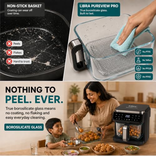Image of Libra 5.5 L Glass Air Fryer Oven - Multifunction Digital Air Fryer for Home | PTFE-Free Non Toxic Glass Bowl, 1500W, 12 Presets, Air Fry Grill Roast Dehydrate,180 Visible Window, 1 Year Warranty