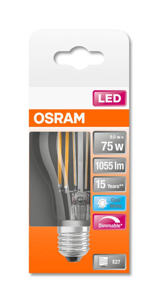 OSRAM LED Retrofit CLASSIC A DIM Lote de 10 x Bombilla LED, Casquillo E27, 4000 K, 9 W, Equivalente a 75W, Blanco frío