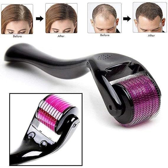 Image of LEAFED 0.5 mm Derma Roller For Hair Growth With 540 Titanium Alloy Needles With Scalp Massager Shampoo Brush | Repairs Damaged Hair, Activates Hair Follicles | Roller for Beard & Hair Growth & Reduces Acne Scars