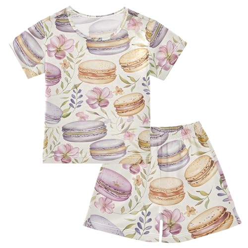 ALAZA Macaron Flower Blossom Pajamas Short Sleeve 2 Piece Sleepwear Top and Bottom Pajama Set Unisex