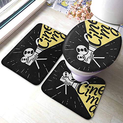 Movie Theater Bath Rug Sets 3 Piece Movie Projector Sketch with Grunge Cinema