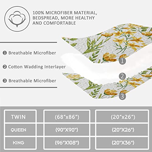 Jarson Floral Quilts Set King Size 3Pcs Lightweight Bedspreads Country Bedding Reversible Coverlet Botanical Bed Cover With 2 Pillow Shams, Yellow Flowers #TOP3