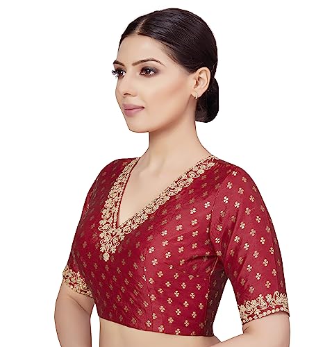 Image of Studio Shringaar Women's Brocade Embroidered V-Neck Readymade Elbow Length Sleeves Saree Blouse
