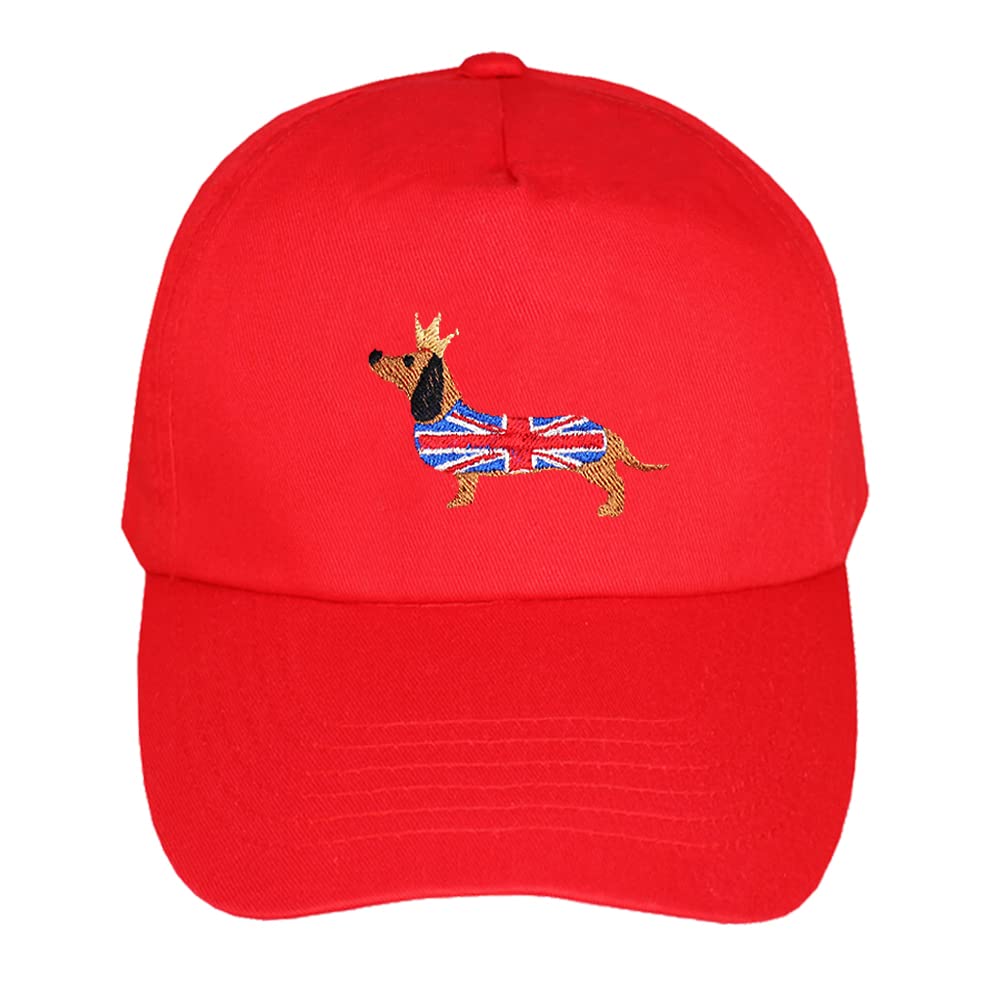 Teddyt's Red Kid's Dachshund Sausage Dog Union Jack Coronation Baseball Cap Hat (Red)