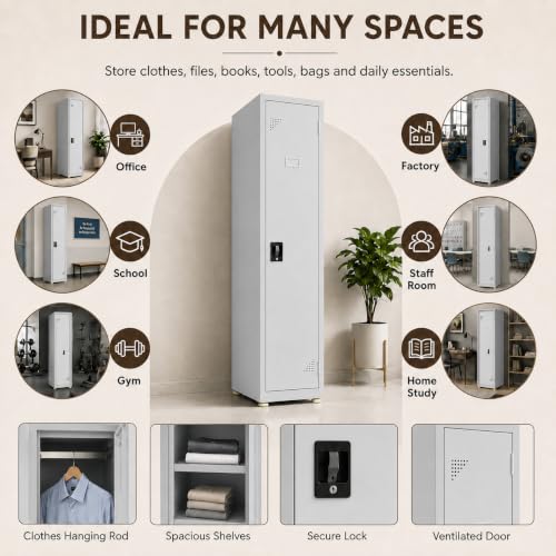 Image of Amazon Brand - Solimo Single Door Steel Locker Cabinet with 4 Shelves & Hanging Rod | Lockable Metal Storage Cupboard for Home, Office, Gym, School & Factory | Powder Coated, Grey