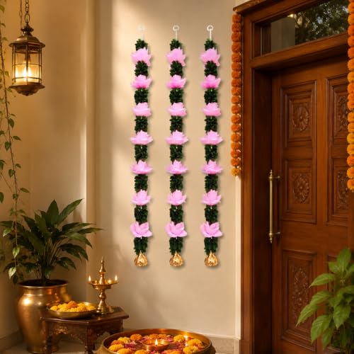 Image of Rajasthan Kraft Artificial Pack of 4, Flower Wall Hanging for Home Decoration | 33 * 4 Inch Pink Floral Hanging with Green Leaves, Decorative Wall Hanging for Diwali, Wedding, Mandir & Living Room