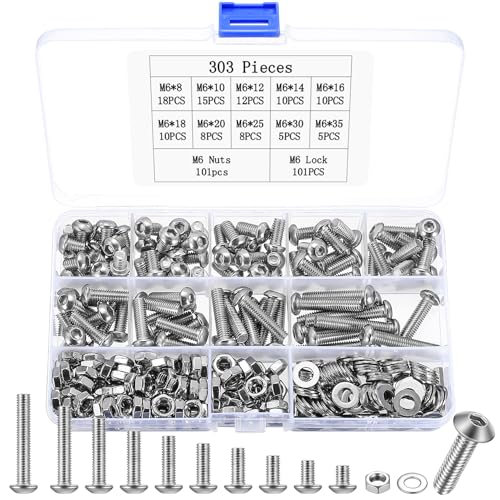 303 Stück M6 Schrauben Set Edelstahl Innensechskantschrauben Muttern Set Edelstahl Zylinderschrauben mit Muttern mit Unterlegscheiben Sets Rundkopf Maschinenschrauben Gewindeschrauben Sets