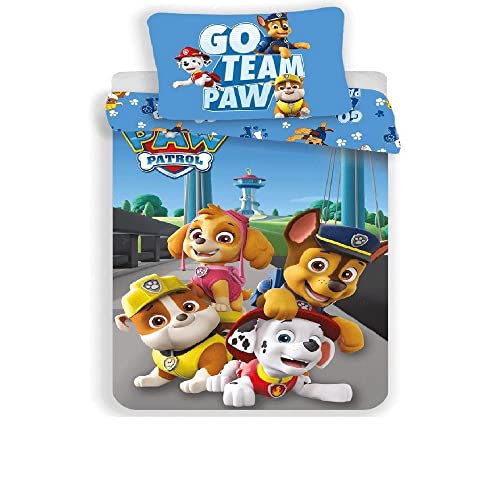 Kids Pat Patrouille Parure de lit 100% Coton - Housse de Couette 140x200 cm + Taie d'oreiller